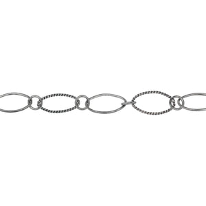 Chain by Foot. Sterling Silver Oxidized 8.1mm Width by 14.2mm Length Smooth and Twisted Oval Links Connected to 5.1mm Open Ring, Long and Short Chain. Price per: 1 Foot.