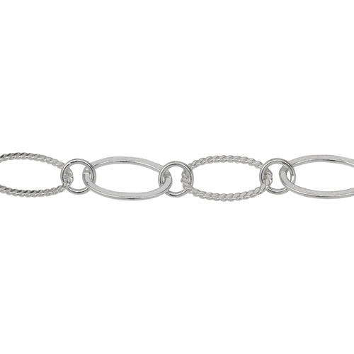 Chain by Foot. Sterling Silver Flat and Twisted 8.06mm Width by 13.20mm Length Oval Links Connected by 5.2mm Open Ring, Long and Short Chain. Price per: 1 Foot.