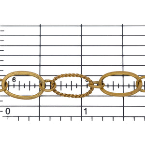 14kt Gold Filled Flat and Twisted 8.06mm Width by 13.20mm Length Oval Links Connected by 5.2mm Open Ring, Long and Short Chain. Price per: 1 Foot.