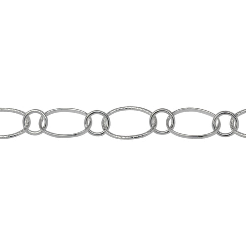 Chain by Foot. Sterling Silver 7.5mm Width by 10.8mm Length Oval Rolo Link And Textured Oval Links Connected to 5.2mm Closed Circle Link, Long and Short Chain. Price per: 1 Foot.