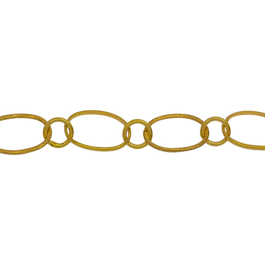 Chain by Foot. 14kt Gold Filled 7.5mm Width by 10.8mm Length Oval Rolo Link And Textured Oval Links Connected to 5.2mm Closed Circle Link, Long and Short Chain. Price per: 1 Foot.