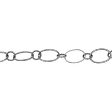 Load image into Gallery viewer, Chain by Foot. Sterling Silver Oxidized 7.5mm Width by 10.8mm Length Oval Rolo Link And Textured Oval Links Connected to 5.2mm Closed Circle Link, Long and Short Chain. Price per: 1 Foot.
