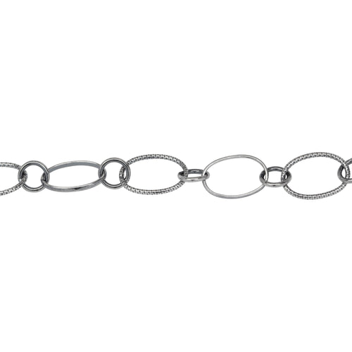 Chain by Foot. Sterling Silver Oxidized 7.5mm Width by 10.8mm Length Oval Rolo Link And Textured Oval Links Connected to 5.2mm Closed Circle Link, Long and Short Chain. Price per: 1 Foot.