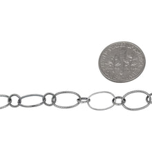 Load image into Gallery viewer, Sterling Silver Oxidized 7.5mm Width by 10.8mm Length Oval Rolo Link And Textured Oval Links Connected to 5.2mm Closed Circle Link, Long and Short Chain. Price per: 1 Foot.
