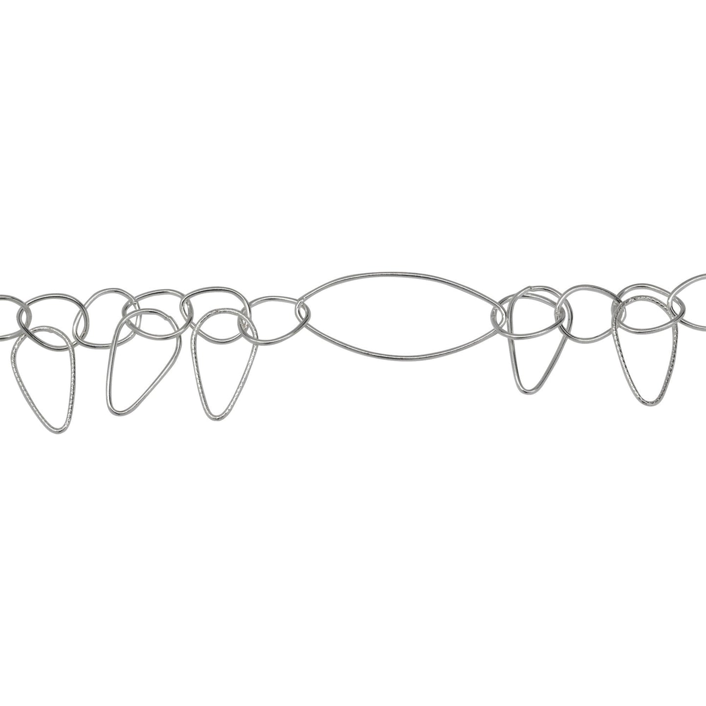 Chain by Foot. Sterling Silver 12.5mm Width by 30.0mm Length Smooth Oval Link Followed By Eleven 8.5mm Width by 10.5mm Length Tear Drop Shaped Links With 9.0mm Width by 16.0mm Length Smooth And Textured Tear Drop Links Hanging Off, Fancy Chain. Price per: 1 Foot.