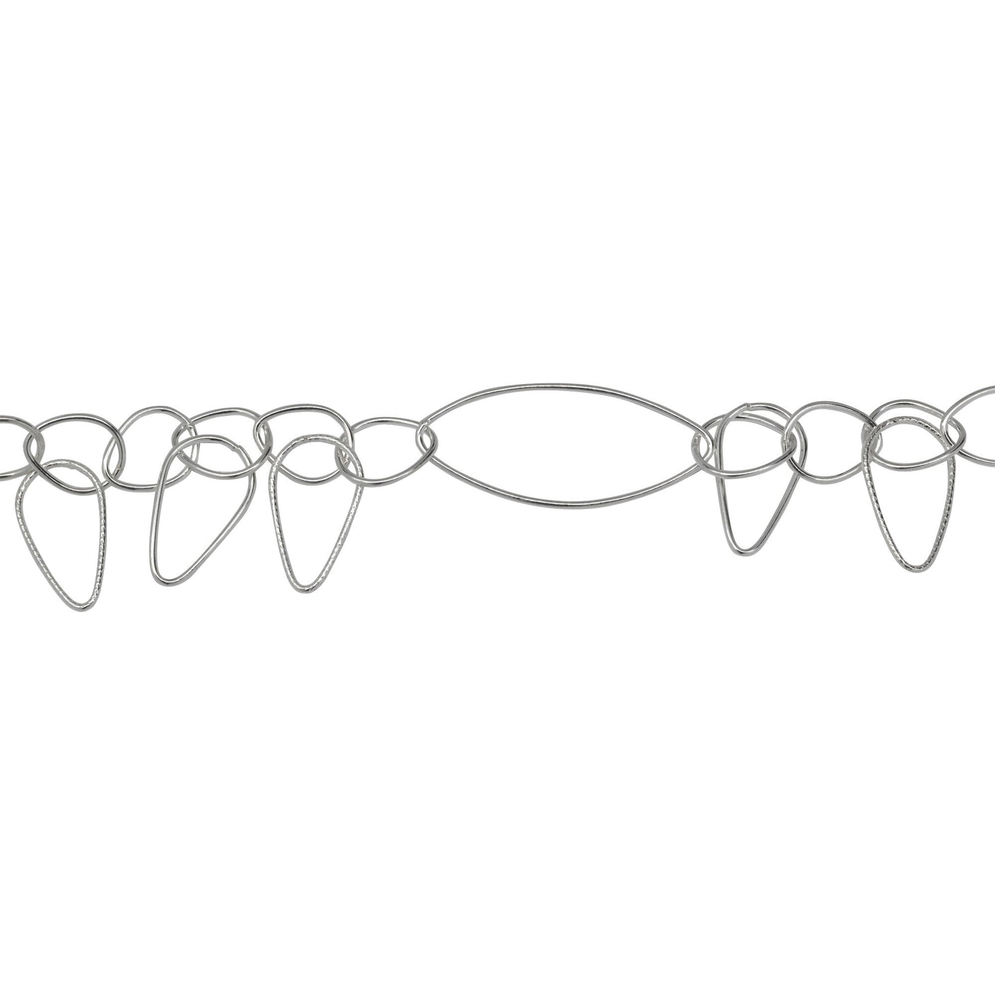 Chain by Foot. Sterling Silver 12.5mm Width by 30.0mm Length Smooth Oval Link Followed By Eleven 8.5mm Width by 10.5mm Length Tear Drop Shaped Links With 9.0mm Width by 16.0mm Length Smooth And Textured Tear Drop Links Hanging Off, Fancy Chain. Price per: 1 Foot.