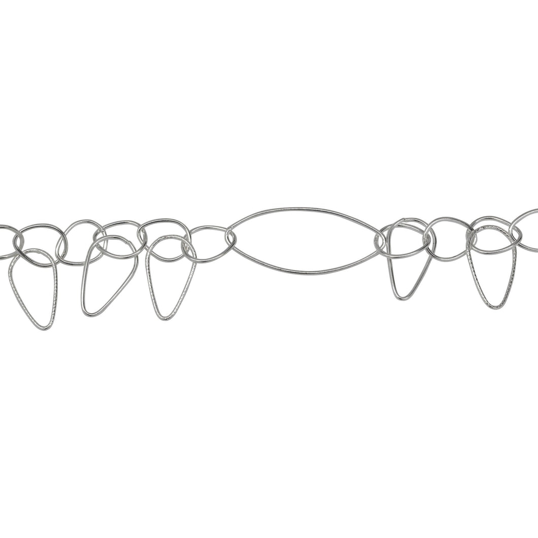 Chain by Foot. Sterling Silver 12.5mm Width by 30.0mm Length Smooth Oval Link Followed By Eleven 8.5mm Width by 10.5mm Length Tear Drop Shaped Links With 9.0mm Width by 16.0mm Length Smooth And Textured Tear Drop Links Hanging Off, Fancy Chain. Price per: 1 Foot.