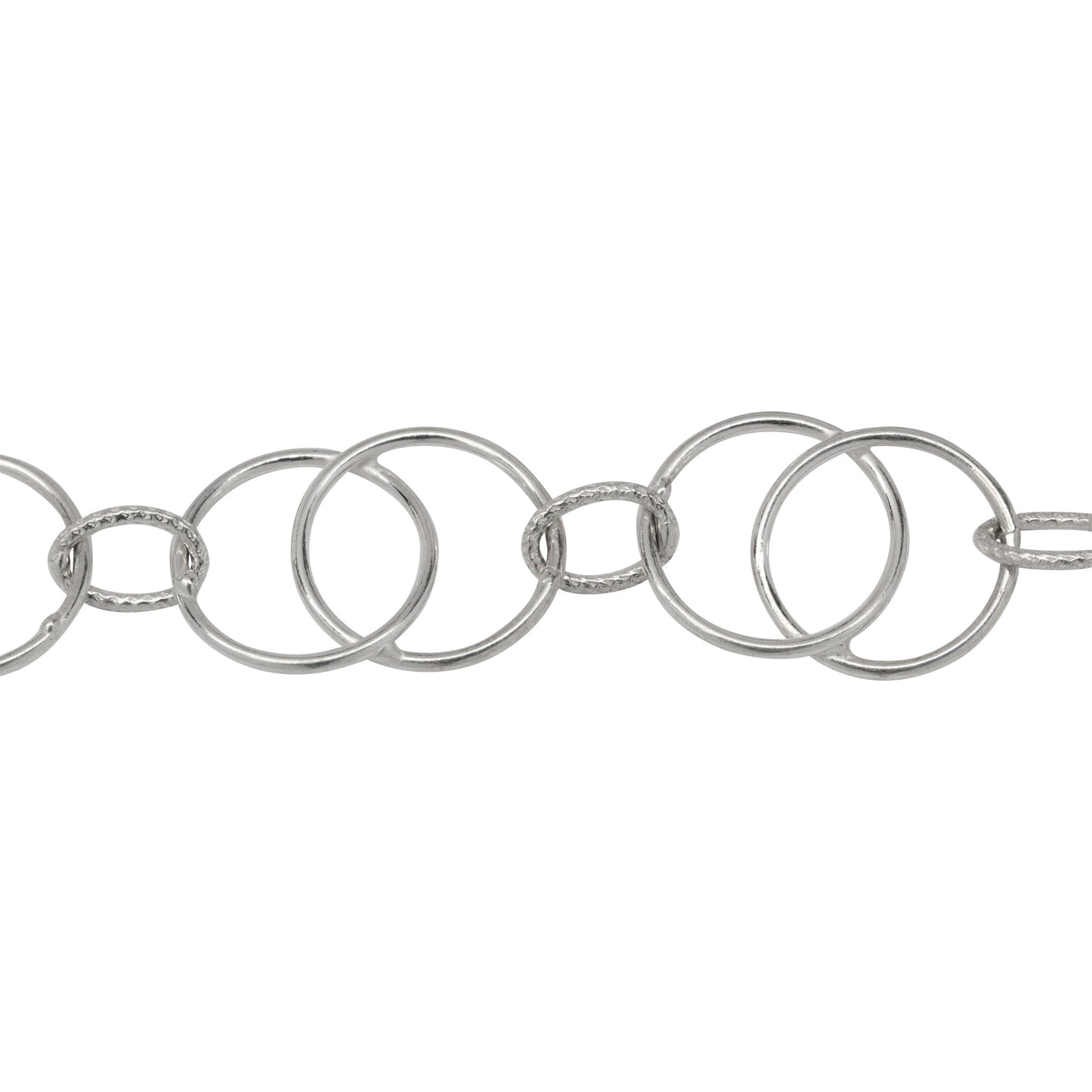 Chain by Foot. Sterling Silver Two of 11.3mm Smooth Circles Links - Figure 8 Link, overlapping creating a Marquise in the center connected by 4.5mm width by 6.5mm length Textured Oval Link, Figure 8 Chain. Price per: 1 Foot.