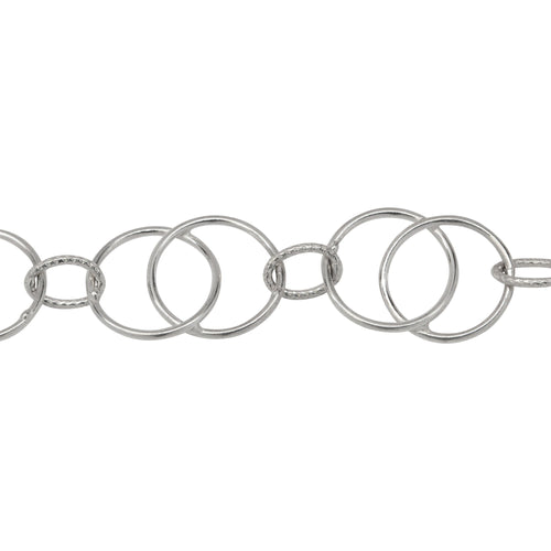 Chain by Foot. Sterling Silver Two of 11.3mm Smooth Circles Links - Figure 8 Link, overlapping creating a Marquise in the center connected by 4.5mm width by 6.5mm length Textured Oval Link, Figure 8 Chain. Price per: 1 Foot.