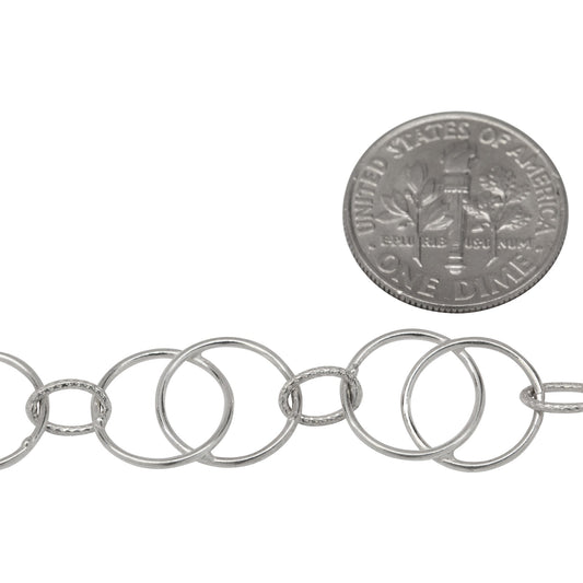Sterling Silver Two of 11.3mm Smooth Circles Links - Figure 8 Link, overlapping creating a Marquise in the center connected by 4.5mm width by 6.5mm length Textured Oval Link, Figure 8 Chain. Price per: 1 Foot.