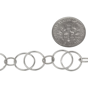 Sterling Silver Two of 11.3mm Smooth Circles Links - Figure 8 Link, overlapping creating a Marquise in the center connected by 4.5mm width by 6.5mm length Textured Oval Link, Figure 8 Chain. Price per: 1 Foot.