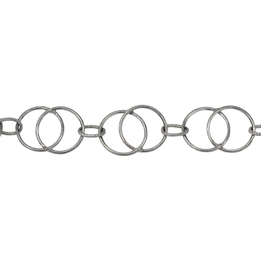 Chain by Foot. Sterling Silver Oxidized Two of 11.3mm Smooth Circles Links - Figure 8 Link, overlapping creating a Marquise in the center connected by 4.5mm width by 6.5mm length Textured Oval Link, Figure 8 Chain. Price per: 1 Foot.