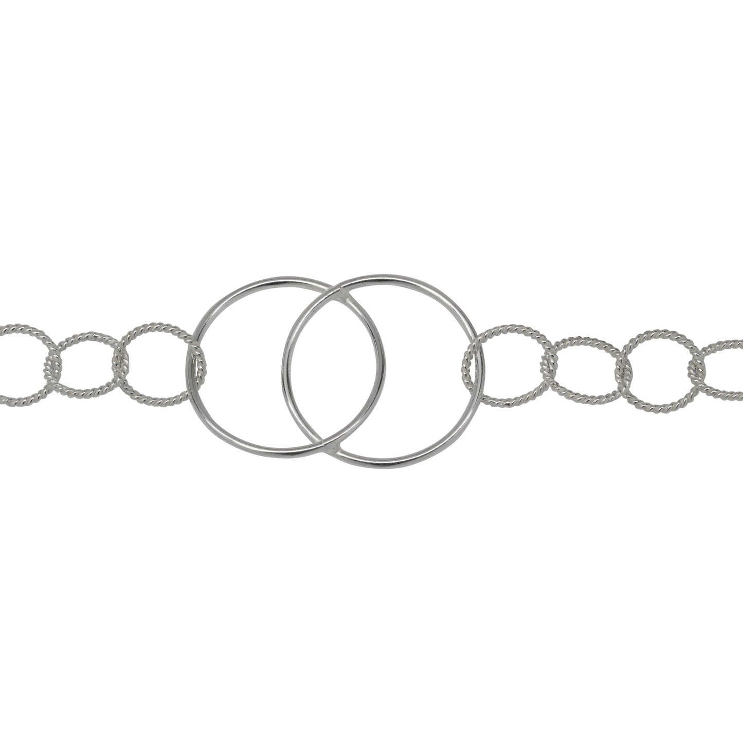 Chain by Foot. Sterling Silver Two 22.0mm Smooth Circles Overlapping And Soldered together Connected By Six 9.8mm Twisted Circle Links, Figure 8 Chain. Price per: 1 Foot.