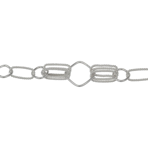 Chain by Foot. Sterling Silver 6.0mm Width by 13.3mm Length Twisted Rectangulars, 8.6mm Width / Length Diamond Shaped Links, Two pairs of Tripple 6.0mm width by 13.7mm Length Twisted Rectangulars, 14.6mm Width / Length Diamond Link, Fancy Chain. Price per: 1 Foot.