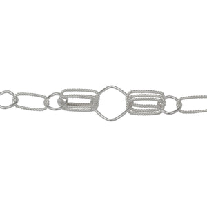 Chain by Foot. Sterling Silver 6.0mm Width by 13.3mm Length Twisted Rectangulars, 8.6mm Width / Length Diamond Shaped Links, Two pairs of Tripple 6.0mm width by 13.7mm Length Twisted Rectangulars, 14.6mm Width / Length Diamond Link, Fancy Chain. Price per: 1 Foot.