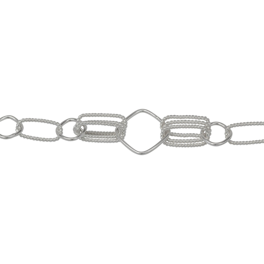 Chain by Foot. Sterling Silver 6.0mm Width by 13.3mm Length Twisted Rectangulars, 8.6mm Width / Length Diamond Shaped Links, Two pairs of Tripple 6.0mm width by 13.7mm Length Twisted Rectangulars, 14.6mm Width / Length Diamond Link, Fancy Chain. Price per: 1 Foot.