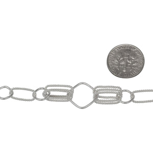 Sterling Silver 6.0mm Width by 13.3mm Length Twisted Rectangulars, 8.6mm Width / Length Diamond Shaped Links, Two pairs of Tripple 6.0mm width by 13.7mm Length Twisted Rectangulars, 14.6mm Width / Length Diamond Link, Fancy Chain. Price per: 1 Foot.