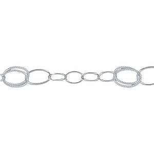 Sterling Silver 8.0mm Width by 11.0mm Length Textured Double Oval Links Followed By One of 8.0mm Width by 11.0mm Length Oval Rolo Link And Four of 5.0mm Width by 8.0mm Length Smooth Oval Links, Fancy Chain. Price per: 1 Inch.