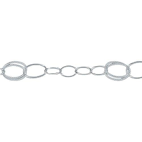 Sterling Silver 8.0mm Width by 11.0mm Length Textured Double Oval Links Followed By One of 8.0mm Width by 11.0mm Length Oval Rolo Link And Four of 5.0mm Width by 8.0mm Length Smooth Oval Links, Fancy Chain. Price per: 1 Inch.