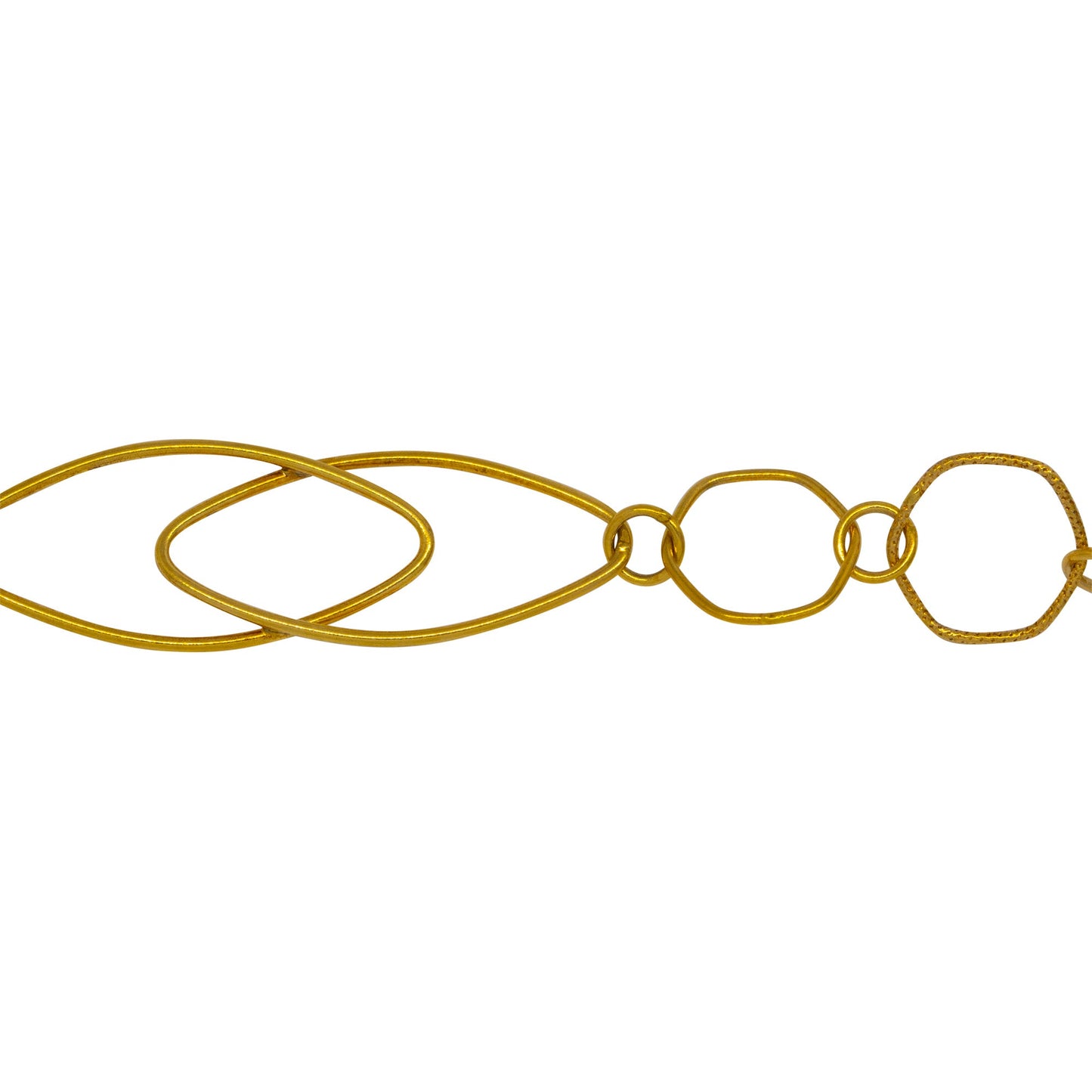 Chain by Foot. 14kt Gold Filled Two 14.0mm Width by 30.0mm Length Smooth Marquise Link Overlapping Followed By 13.0mm Smooth And Textured Hexagon Links Connected By 5.0mm Smooth Circle Links, Fancy Chain. Price per: 1 Foot.
