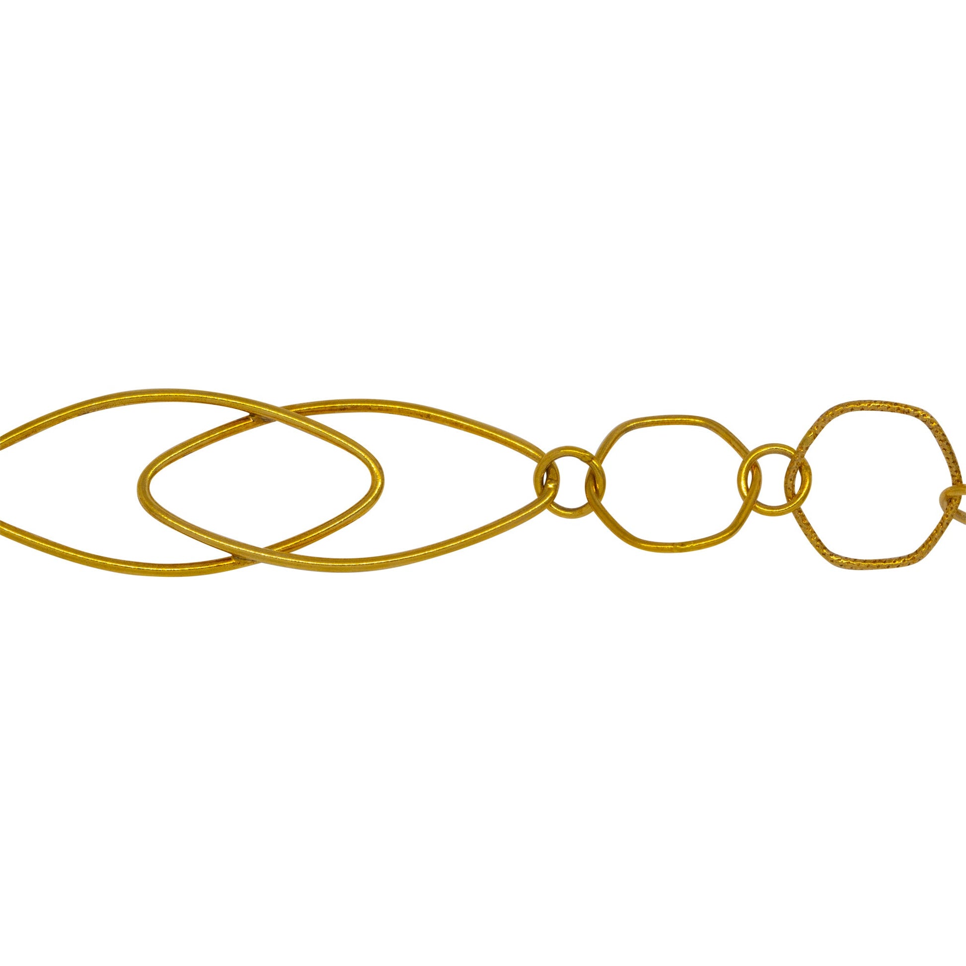Chain by Foot. 14kt Gold Filled Two 14.0mm Width by 30.0mm Length Smooth Marquise Link Overlapping Followed By 13.0mm Smooth And Textured Hexagon Links Connected By 5.0mm Smooth Circle Links, Fancy Chain. Price per: 1 Foot.