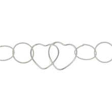 Load image into Gallery viewer, Chain by Foot. Sterling Silver of 19.6mm Width by 28.5mm Length Smooth Double Heart Link connected to Ten of 13.0mm Width / Length Twisted Circle Links, Heart Chain, Fancy Chain. Price per: 1 Foot.

