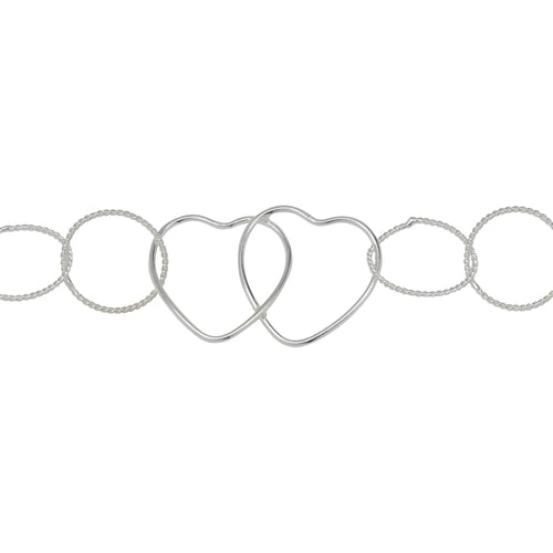 Chain by Foot. Sterling Silver of 19.6mm Width by 28.5mm Length Smooth Double Heart Link connected to Ten of 13.0mm Width / Length Twisted Circle Links, Heart Chain, Fancy Chain. Price per: 1 Foot.