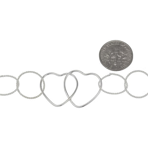 Sterling Silver of 19.6mm Width by 28.5mm Length Smooth Double Heart Link connected to Ten of 13.0mm Width / Length Twisted Circle Links, Heart Chain, Fancy Chain. Price per: 1 Foot.