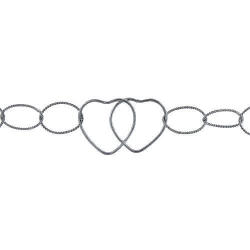 Sterling Silver Oxidized of 19.6mm Width by 28.5mm Length Smooth Double Heart Link connected to Ten of 13.0mm Width / Length Twisted Circle Links, Heart Chain, Fancy Chain. Price per: 1 Foot.