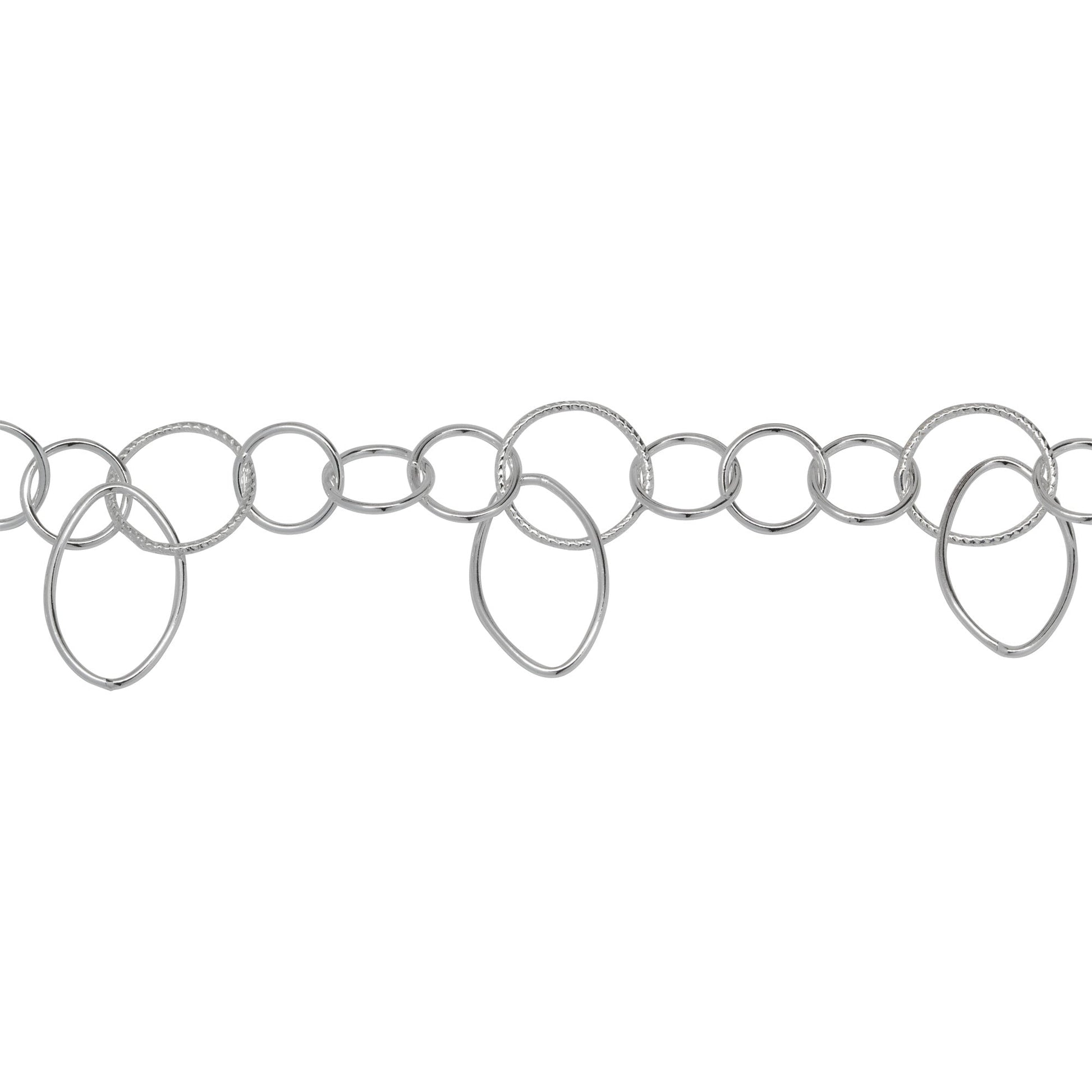 Chain by Foot. Sterling Silver Three of 7.9mm Width / Length Smooth Circle Links followed by 10.5mm Width / Length Textured Circle Link With 9.5mm Width by 15.0mm Length Smooth Oval Link Hanging off , Fancy Chain. Price per: 1 Foot.