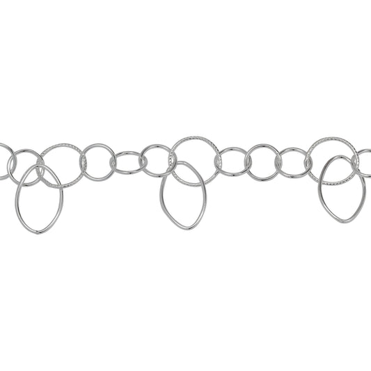 Chain by Foot. Sterling Silver Three of 7.9mm Width / Length Smooth Circle Links followed by 10.5mm Width / Length Textured Circle Link With 9.5mm Width by 15.0mm Length Smooth Oval Link Hanging off , Fancy Chain. Price per: 1 Foot.