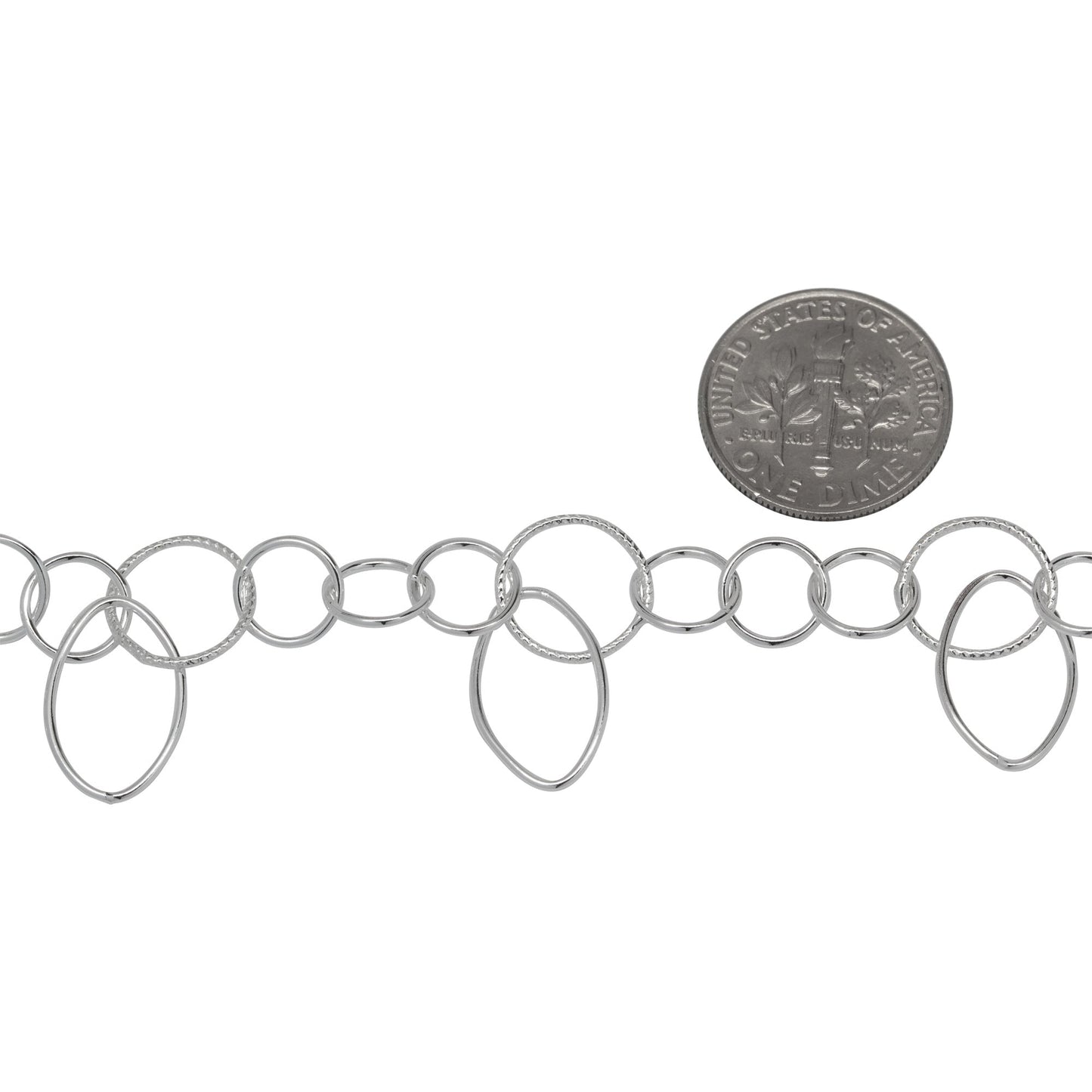 Sterling Silver Three of 7.9mm Width / Length Smooth Circle Links followed by 10.5mm Width / Length Textured Circle Link With 9.5mm Width by 15.0mm Length Smooth Oval Link Hanging off , Fancy Chain. Price per: 1 Foot.