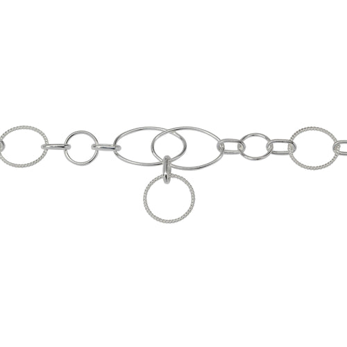 Chain by Foot. Sterling Silver of 7.8mm Width/Length Two of Circle Links and 10.2mm Width/Length Twisted Circle Link Followed by 10.4mm Width by 25.3mm Length Double Oval Link with 10.2mm Width/Length Twisted Circle Link Hanging off, Fancy Chain. Price per: 1 Foot.