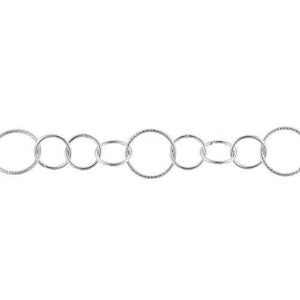 Sterling Silver 7.8mm Width / Length Three of Smooth Circle Links Connected to 10.5mm Width / Length Textured Circle Link, Circle Chain. Price per: 1 Inch.