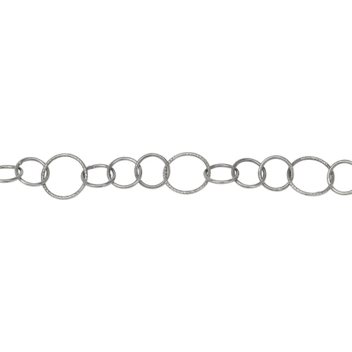 Chain by Foot. Sterling Silver Oxidized 7.8mm Width / Length Three of Smooth Circle Links Followed by 10.5mm Width / Length Textured Circle Link, Circle Chain. Price per: 1 Foot.