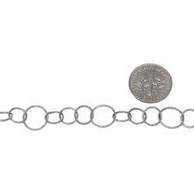 Load image into Gallery viewer, Sterling Silver Oxidized 7.8mm Width / Length Three of Smooth Circle Links Followed by 10.5mm Width / Length Textured Circle Link, Circle Chain. Price per: 1 Foot.
