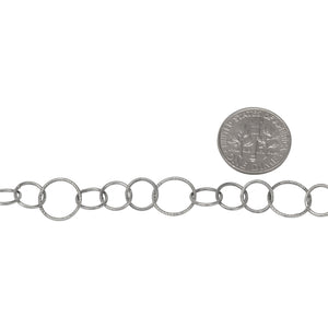 Sterling Silver Oxidized 7.8mm Width / Length Three of Smooth Circle Links Followed by 10.5mm Width / Length Textured Circle Link, Circle Chain. Price per: 1 Foot.