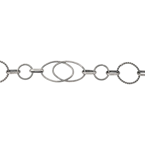 Chain by Foot. Sterling Silver Oxidized Two of 10.5mm Width by 16.0mm Length Oval Links Overlapping And Soldered Together, 8.0mm Smooth Circle Link And 11.0mm Twisted Circle Link, Connected by Oval Rolo Link, Fancy Chain. Price per: 1 Foot.