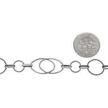 Load image into Gallery viewer, Sterling Silver Oxidized Two of 10.5mm Width by 16.0mm Length Oval Links Overlapping And Soldered Together, 8.0mm Smooth Circle Link And 11.0mm Twisted Circle Link, Connected by Oval Rolo Link, Fancy Chain. Price per: 1 inch
