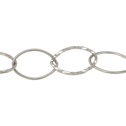 Chain by Foot. Sterling Silver 14.0mm Width by 21.0mm Length, Round and Hammered Wire Oval Links Cable Chain. Price per: 1 Foot.