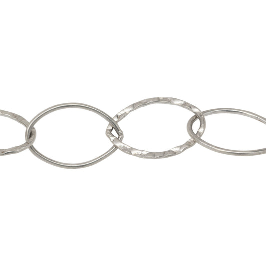 Chain by Foot. Sterling Silver 14.0mm Width by 21.0mm Length, Round and Hammered Wire Oval Links Cable Chain. Price per: 1 Foot.