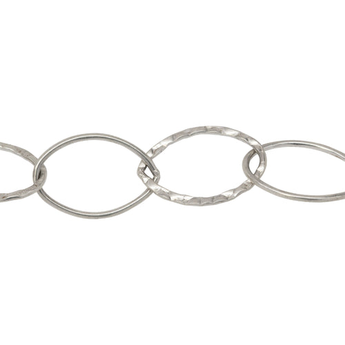 Chain by Foot. Sterling Silver 14.0mm Width by 21.0mm Length, Round and Hammered Wire Oval Links Cable Chain. Price per: 1 Foot.