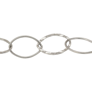 Chain by Foot. Sterling Silver 14.0mm Width by 21.0mm Length, Round and Hammered Wire Oval Links Cable Chain. Price per: 1 Foot.
