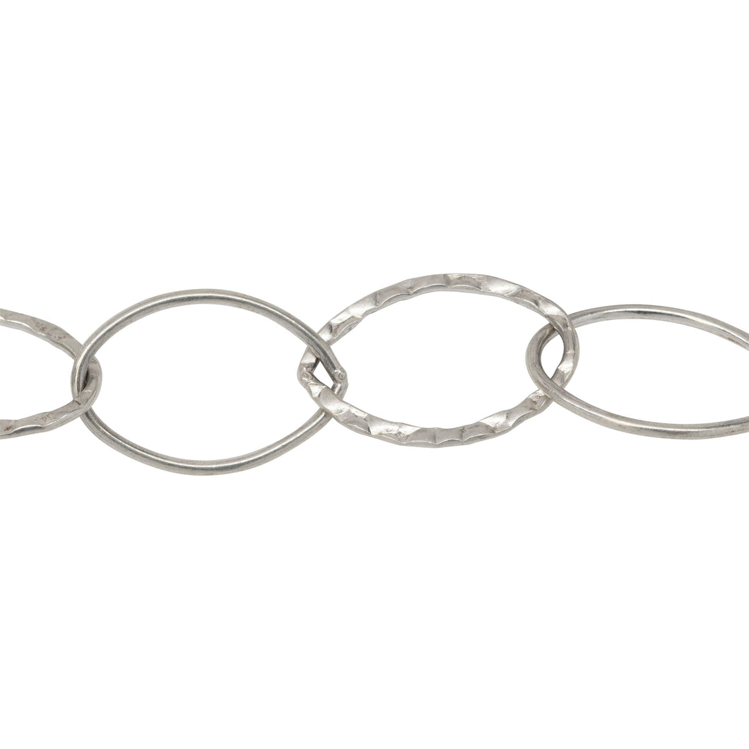 Chain by Foot. Sterling Silver 14.0mm Width by 21.0mm Length, Round and Hammered Wire Oval Links Cable Chain. Price per: 1 Foot.