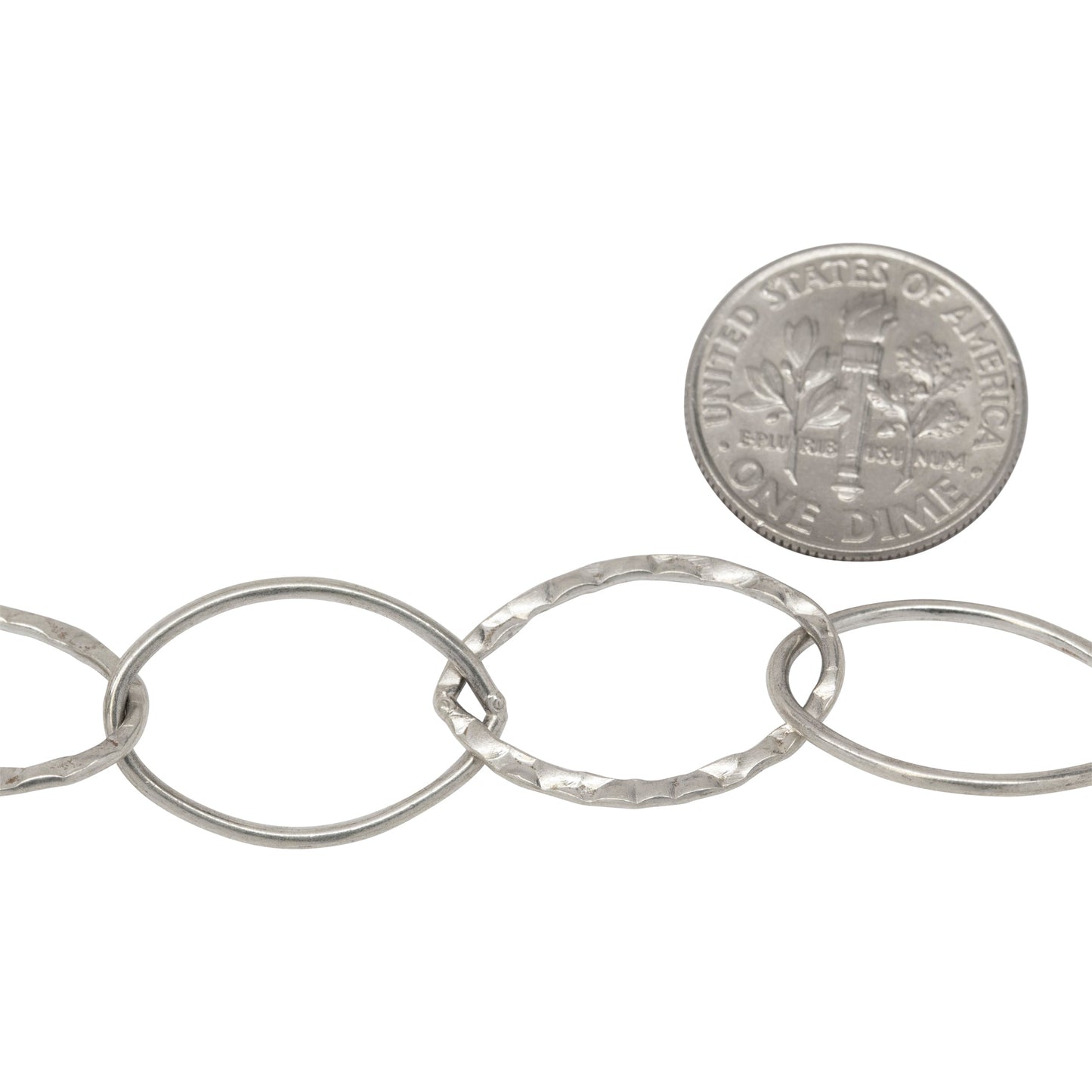 Sterling Silver 14.0mm Width by 21.0mm Length, Round and Hammered Wire Oval Links Cable Chain. Price per: 1 Foot.