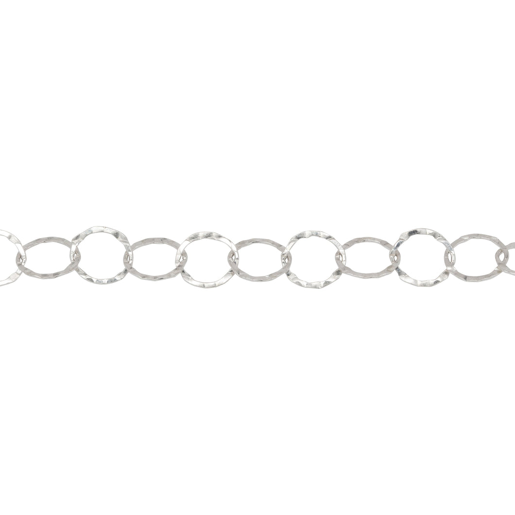 Chain by Foot. Sterling Silver 7.5mm Width / Length, Hammered Circle Chain. Price per: 1 Foot.