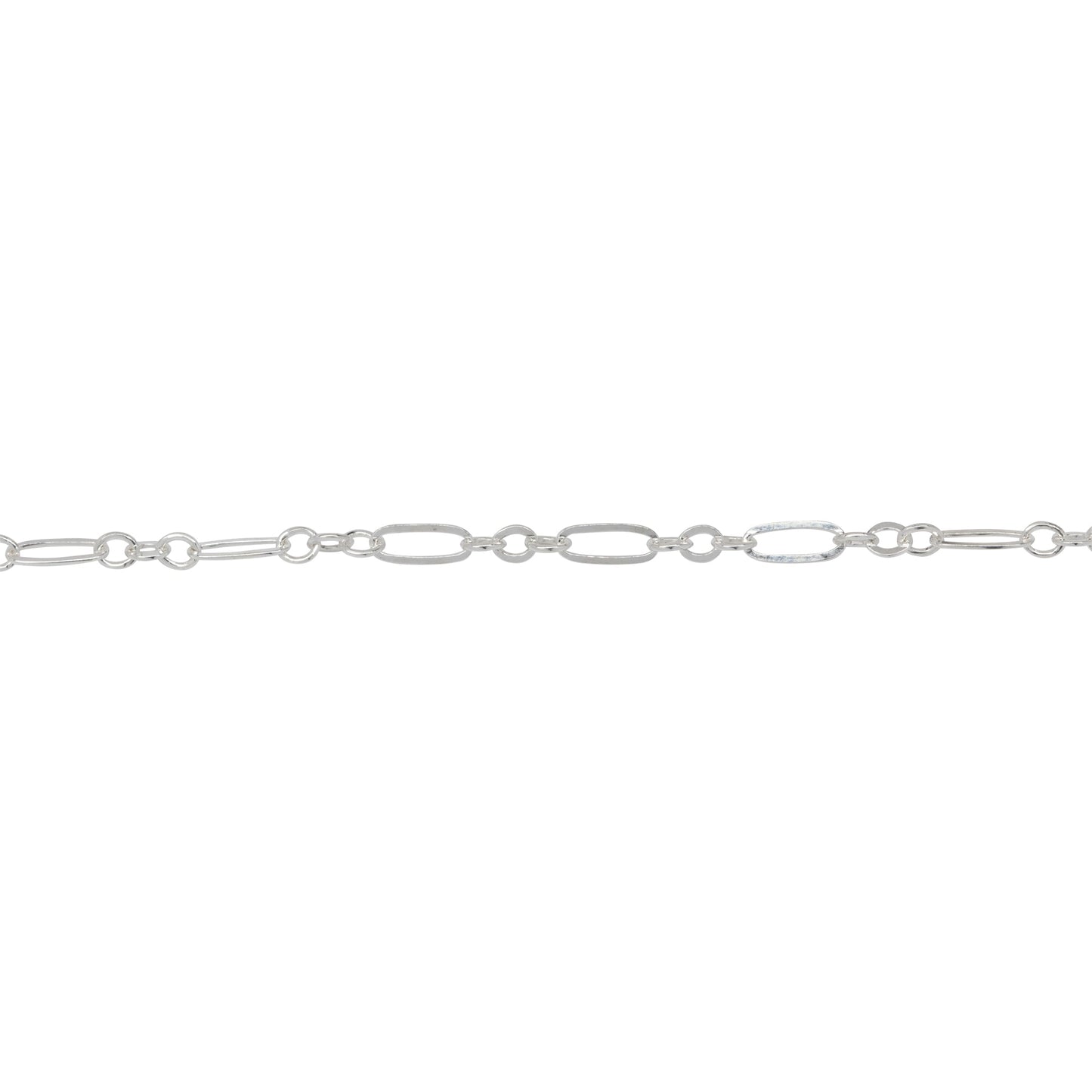 Chain by Foot. Sterling Silver One of 1.8mm Width by 5.0mm Length Flat Elogated Link connected to Three of 1.8mm Width by 2.0mm Length Oval Links with Middle Link being Flat Oval Link, Long and Short Chain. Price per: 1 Foot.