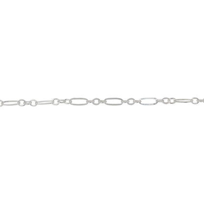 Chain by Foot. Sterling Silver One of 1.8mm Width by 5.0mm Length Flat Elogated Link connected to Three of 1.8mm Width by 2.0mm Length Oval Links with Middle Link being Flat Oval Link, Long and Short Chain. Price per: 1 Foot.