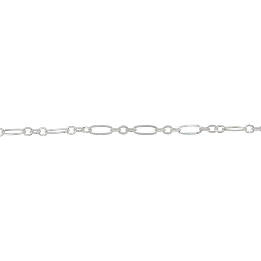 Chain by Foot. Sterling Silver One of 1.8mm Width by 5.0mm Length Flat Elogated Link connected to Three of 1.8mm Width by 2.0mm Length Oval Links with Middle Link being Flat Oval Link, Long and Short Chain. Price per: 1 Foot.