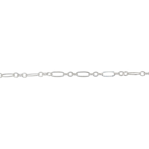 Chain by Foot. Sterling Silver One of 1.8mm Width by 5.0mm Length Flat Elogated Link connected to Three of 1.8mm Width by 2.0mm Length Oval Links with Middle Link being Flat Oval Link, Long and Short Chain. Price per: 1 Foot.
